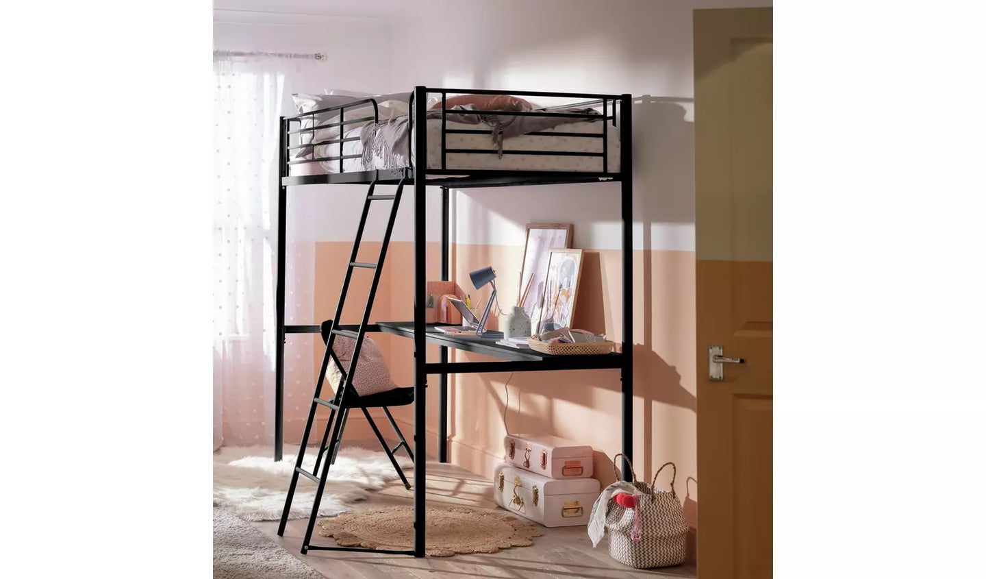 Habitat Riley High Sleeper Metal Bed Frame & Desk - Black